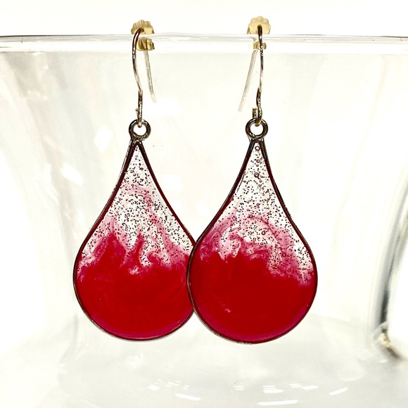 HANDMADE Glitter Pink Teardrop Dangle Sterling Silver French Hook Earrings - Picture 9 of 9